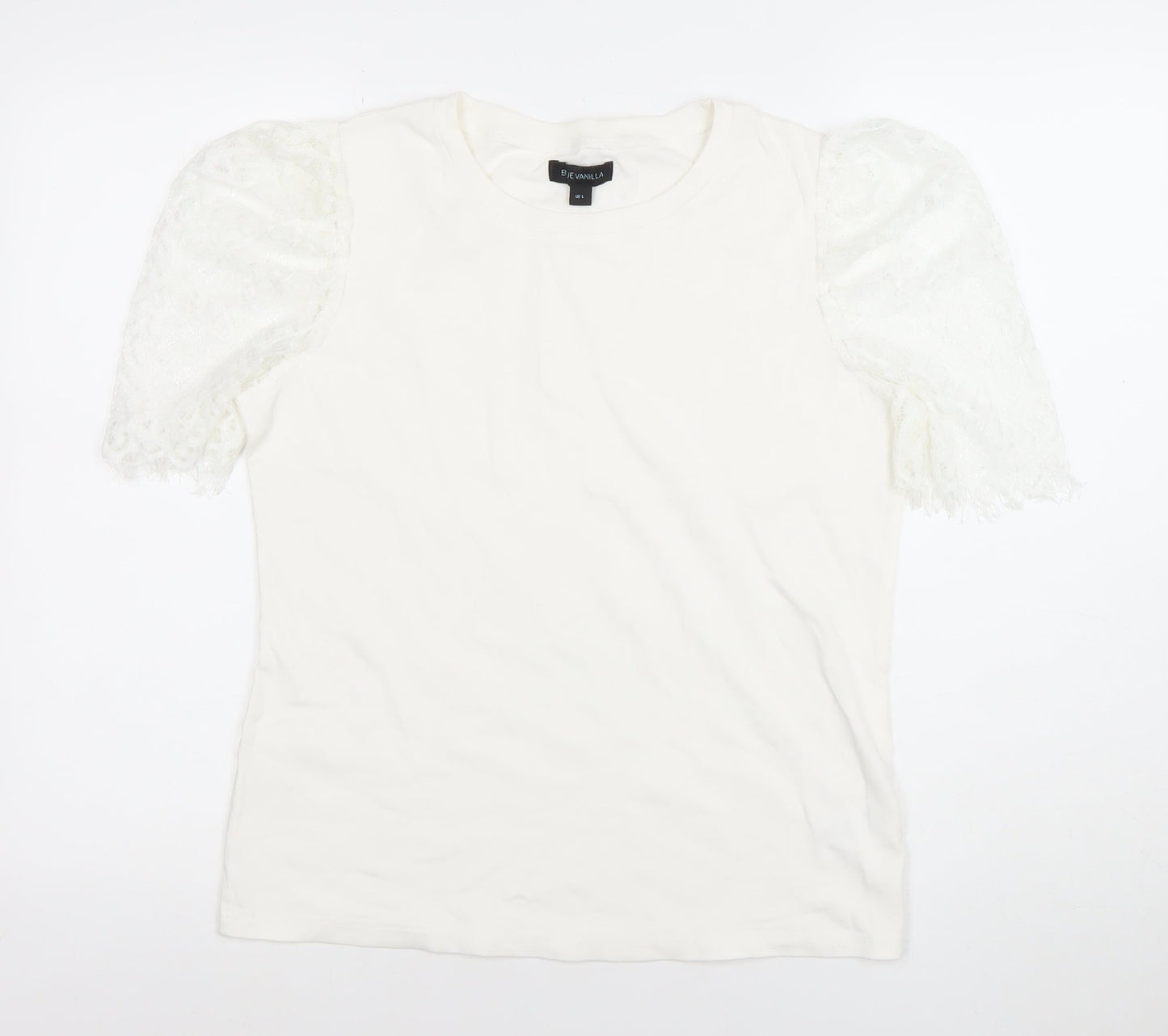 Blue Vanilla Women's White Lace Puff Sleeve Cotton T-Shirt Size L
