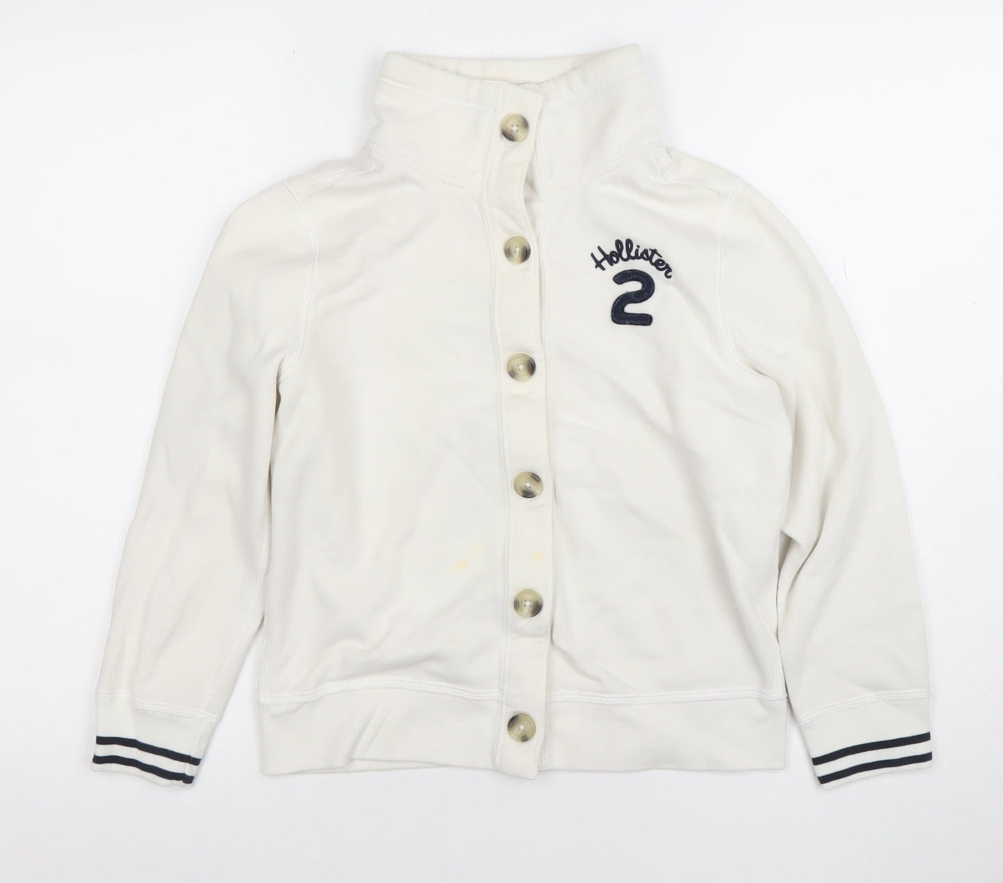 Hollister Girls White L Button Cardigan Sweatshirt High Neck Logo Top