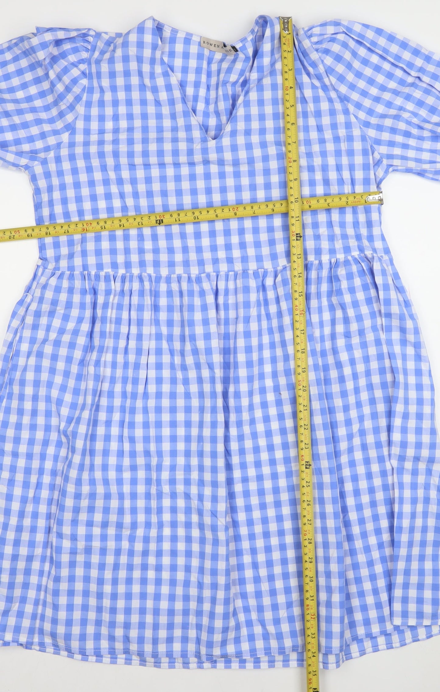 Rowen Avenue Women's Blue Check V-Neck Long Sleeve Shift Dress Size S