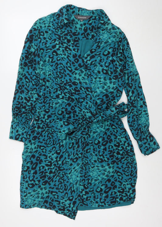 Sosandar Women’s Blue Animal Print Wrap Dress Size 10 Long Sleeve