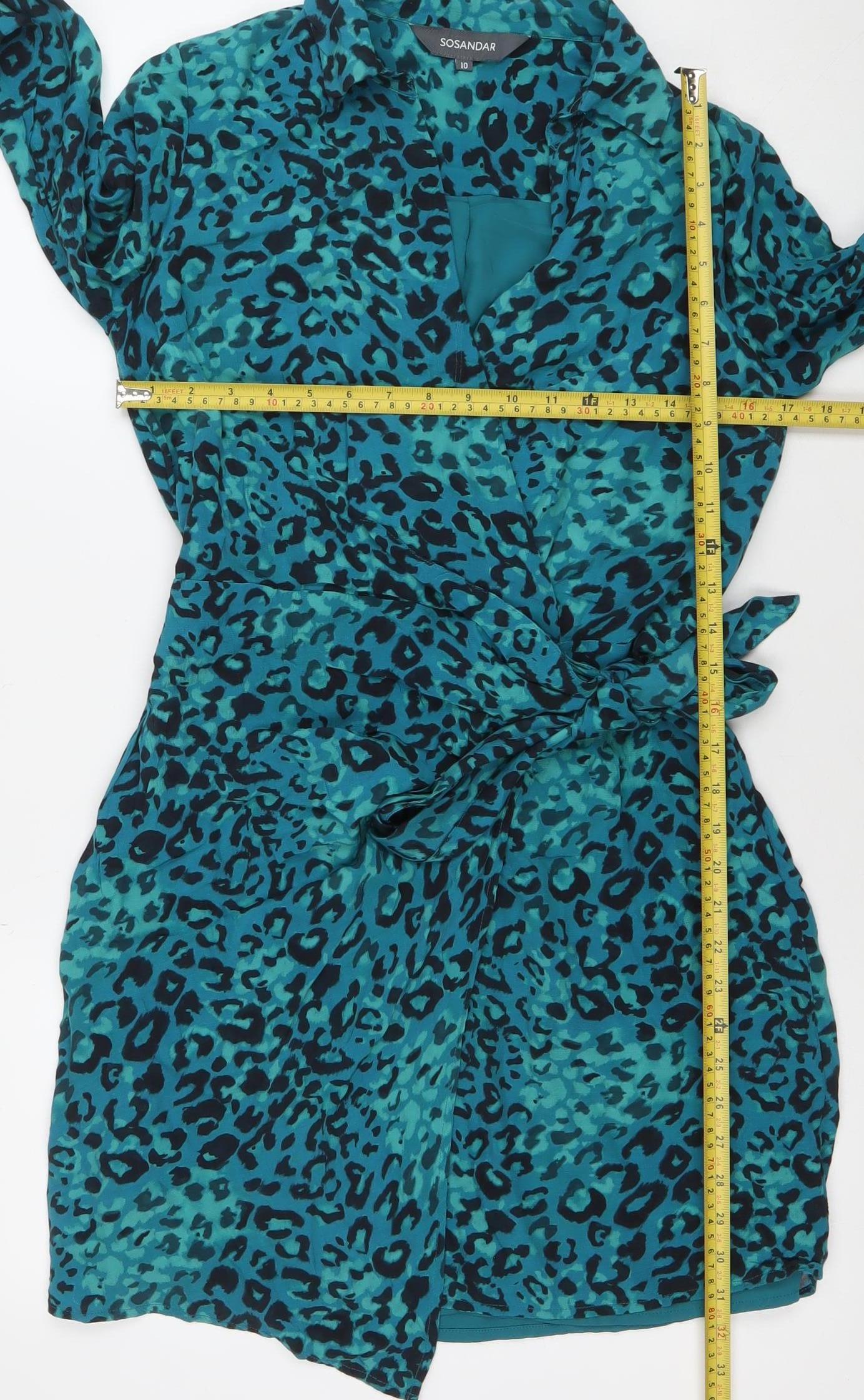 Sosandar Women’s Blue Animal Print Wrap Dress Size 10 Long Sleeve