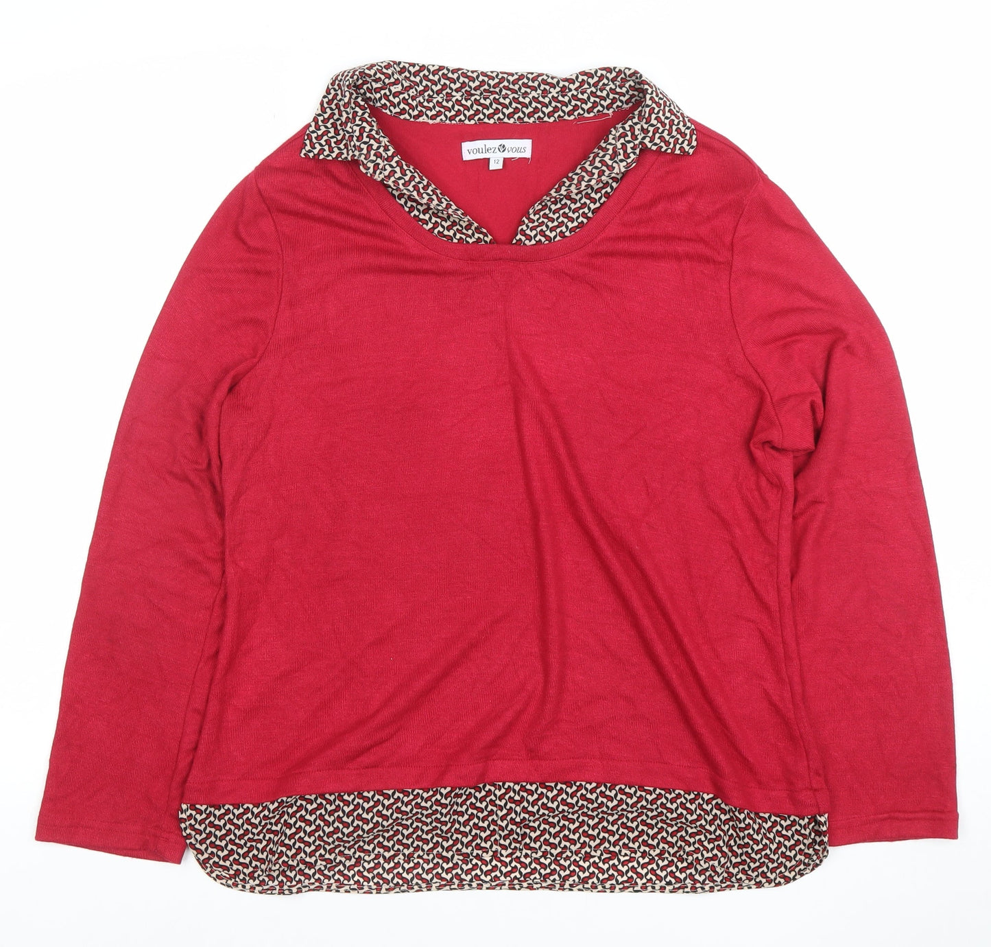 Voulez Vous Womens Red Collared Geometric Trim Long Sleeve Blouse Size 12