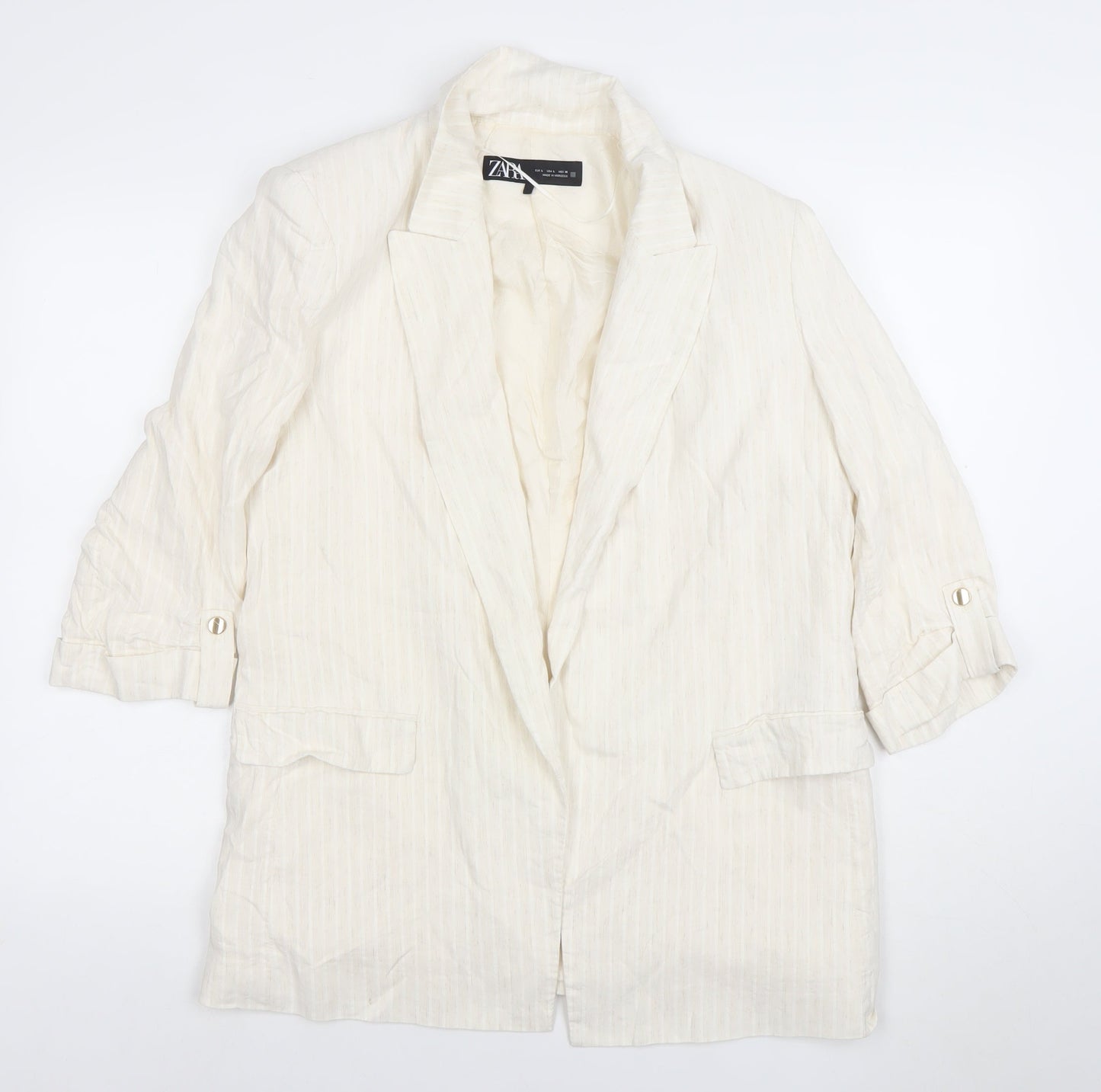 ZARA Women Ivory Linen Blend 3/4 Sleeve Blazer Jacket L Single-Breasted