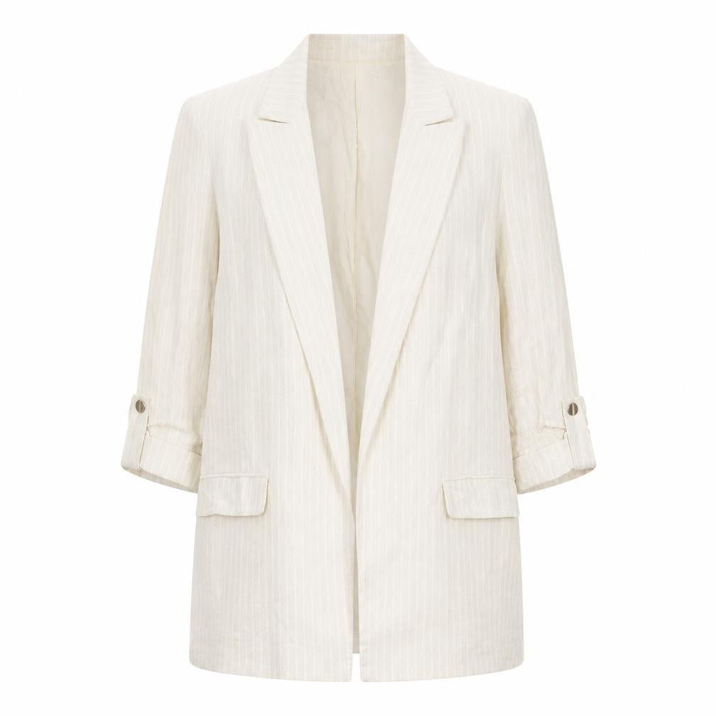 ZARA Women Ivory Linen Blend 3/4 Sleeve Blazer Jacket L Single-Breasted
