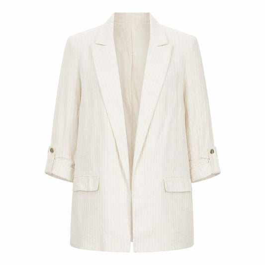 Zara Women Ivory Linen Blend 3/4 Sleeve Blazer Jacket L Single-Breasted