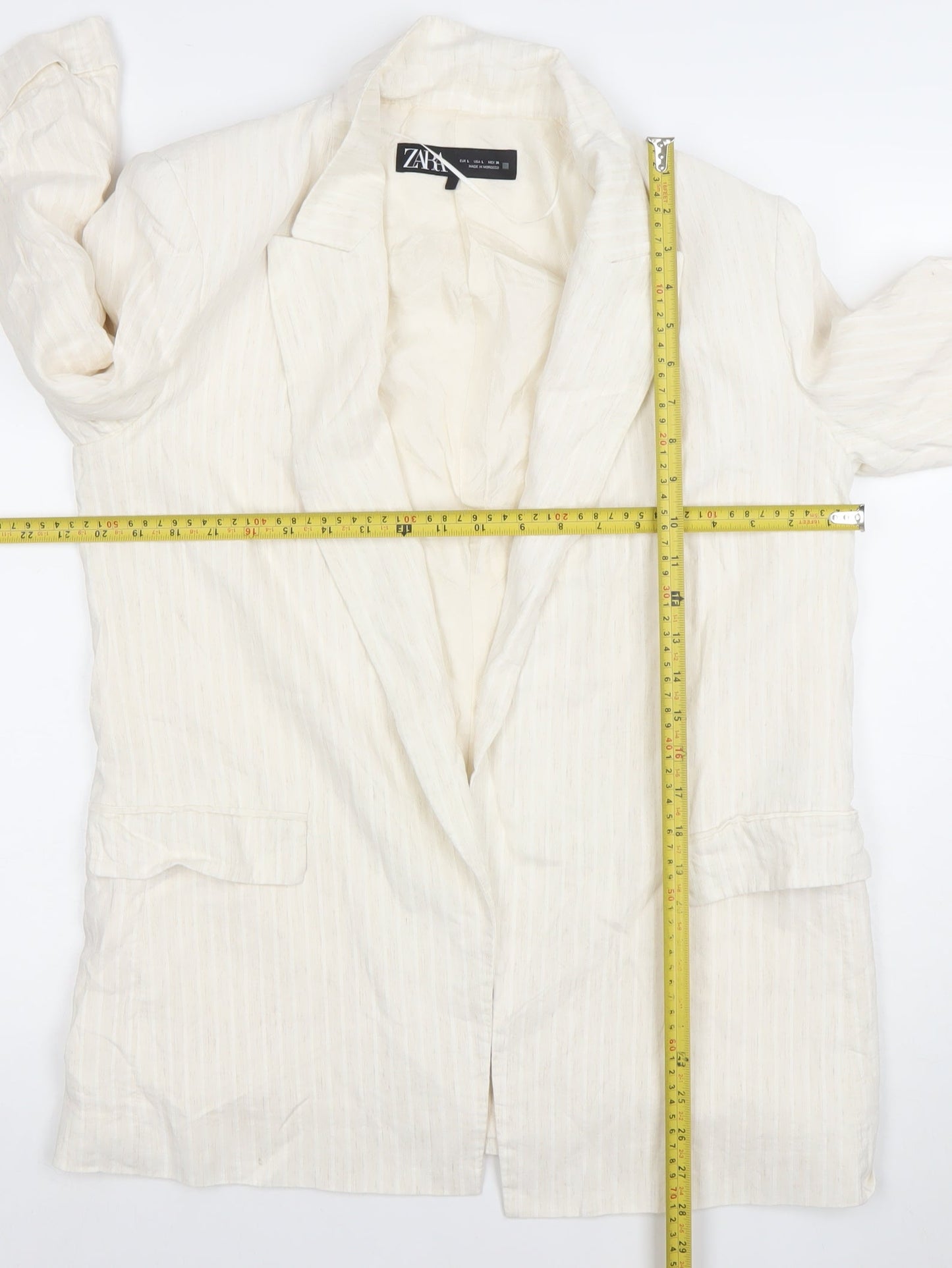 ZARA Women Ivory Linen Blend 3/4 Sleeve Blazer Jacket L Single-Breasted