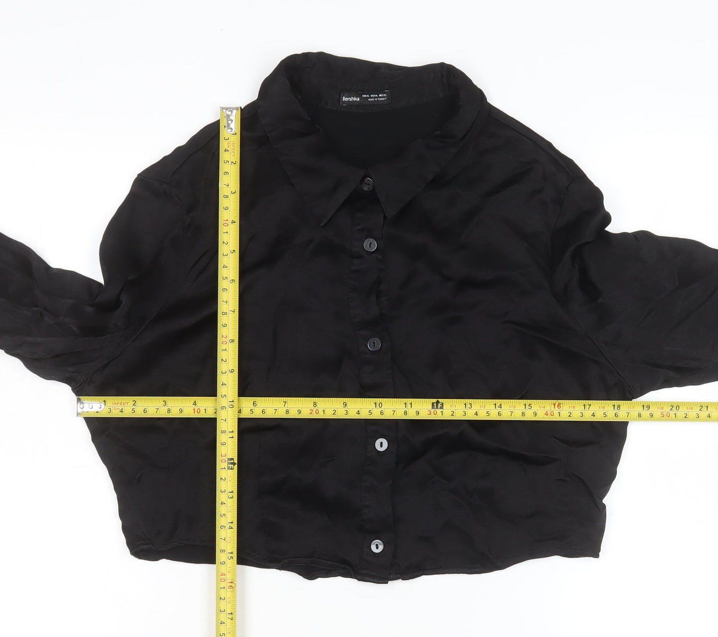 Bershka Women Black Cropped Satin Button-Up Shirt Size L