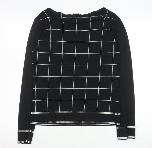 LTS Women Black Check Knit Long Sleeve Boat Neck Top Size 14