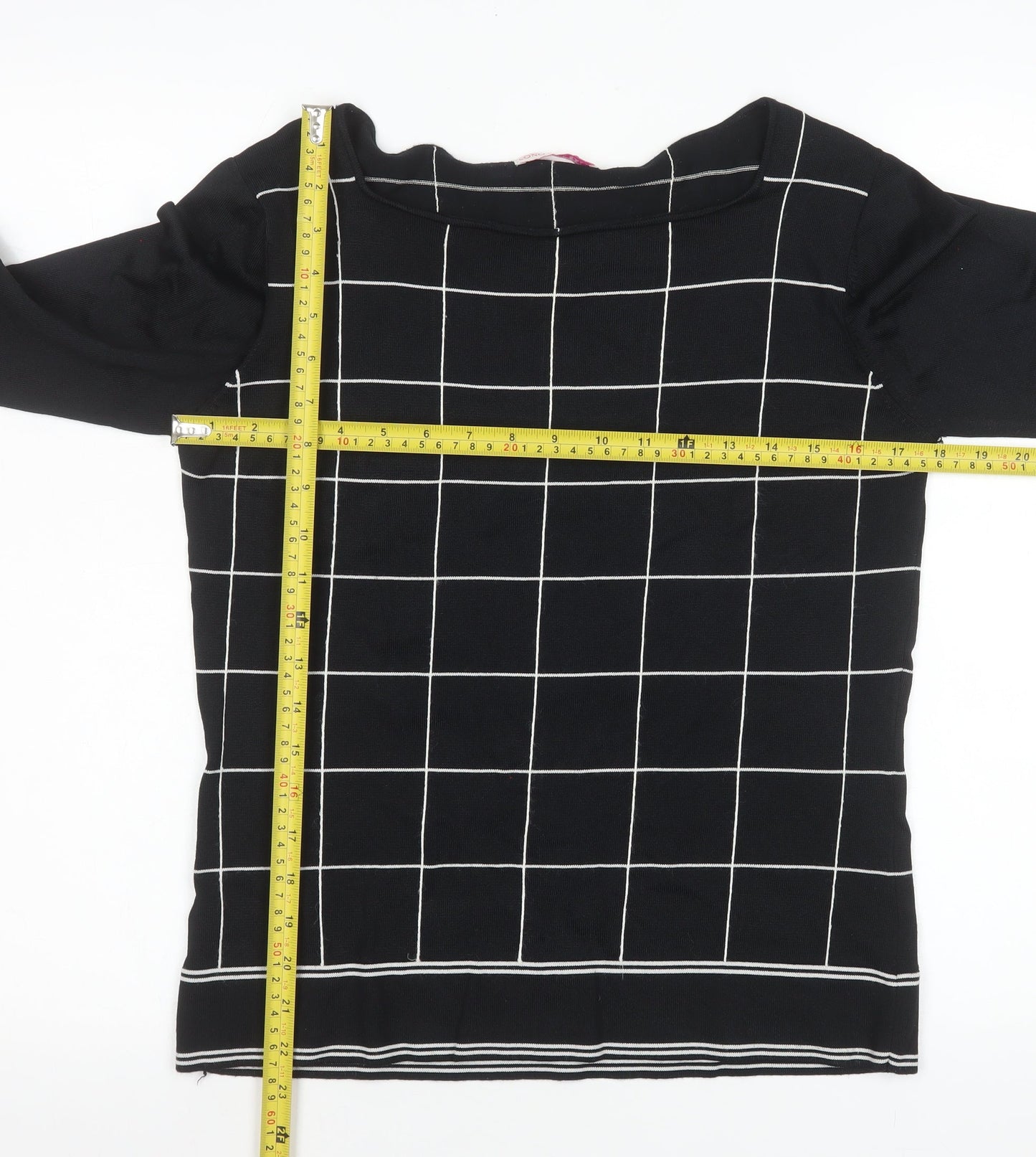 LTS Women Black Check Knit Long Sleeve Boat Neck Top Size 14