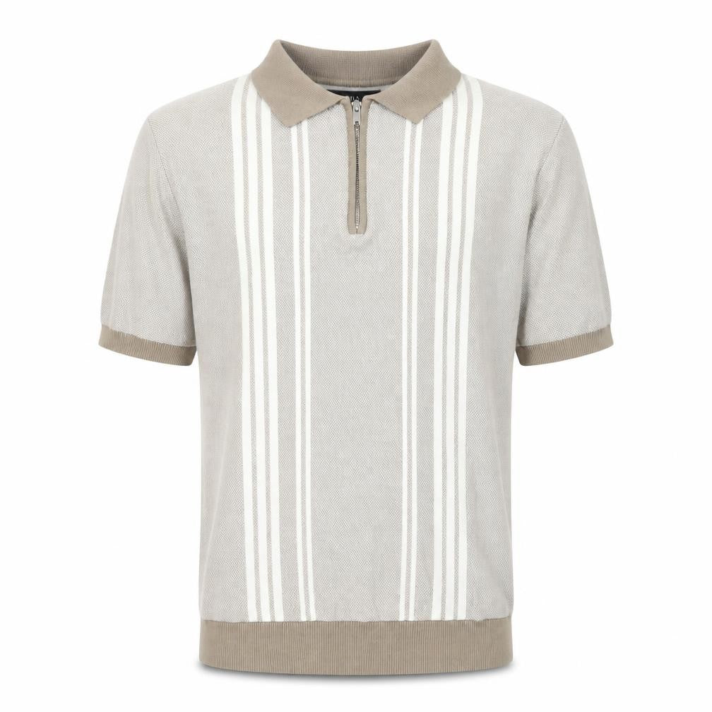 Marks & Spencer Men’s Beige Striped 1/4 Zip Polo Medium Regular Fit