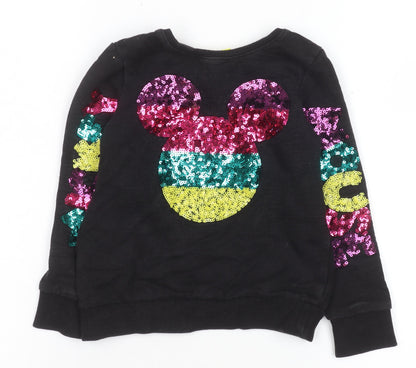 Front view of Disney girls’ black sequin mickey sweatshirt 5-6 years pullover top