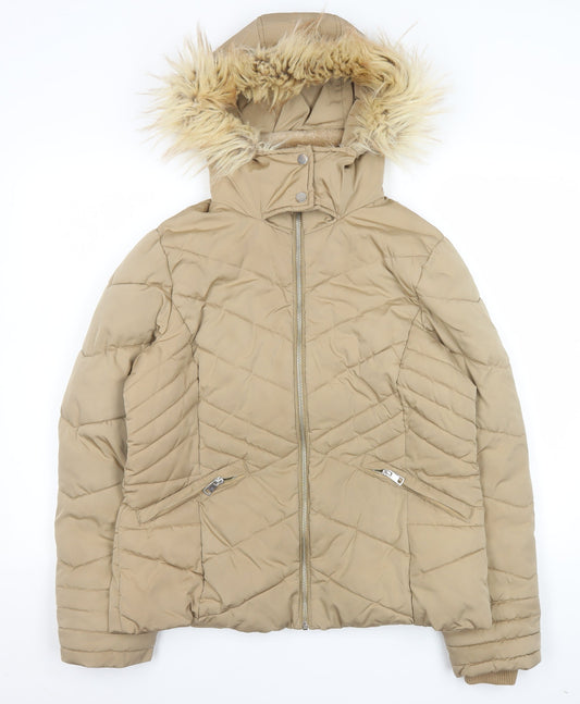George Women Beige Puffer Jacket Hooded Faux Fur Trim Size M 12-14