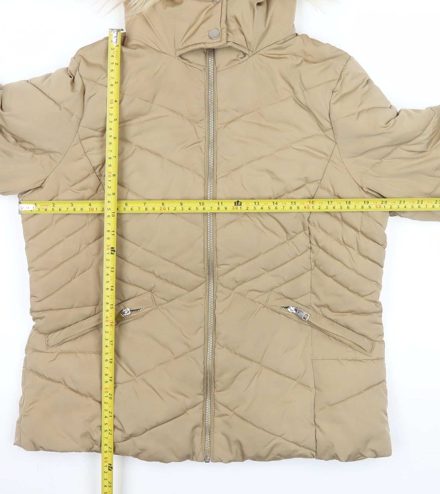 George Women Beige Puffer Jacket Hooded Faux Fur Trim Size M 12-14