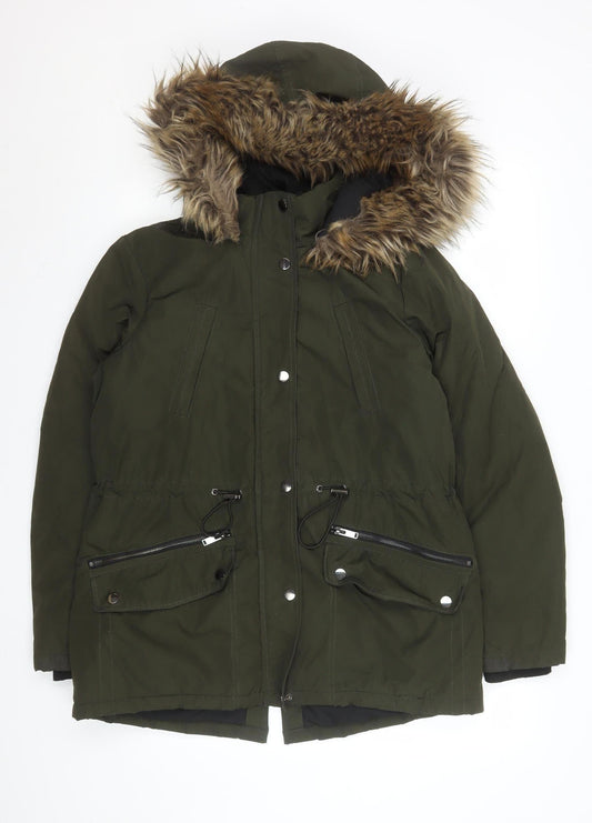 Primark Women's Green Faux Fur Hooded Parka Coat Size S 10/12