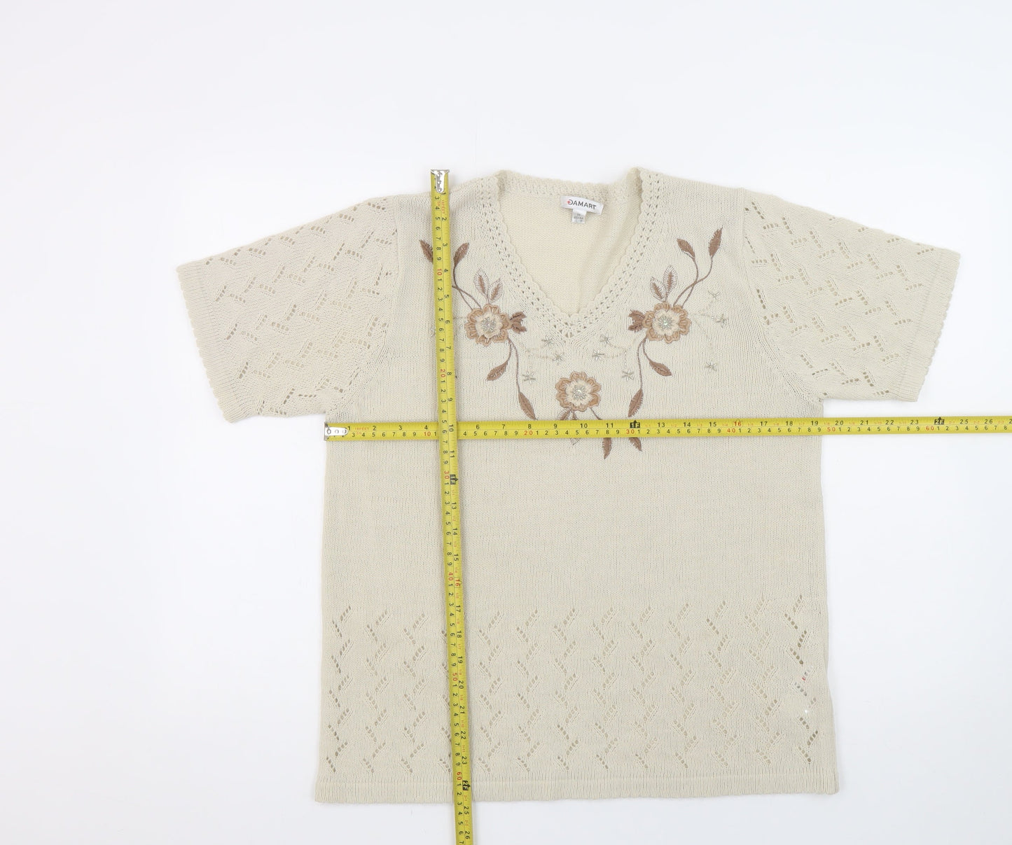 Damart Women’s Beige Short Sleeve V-Neck Embroidered Pullover Jumper Size 14