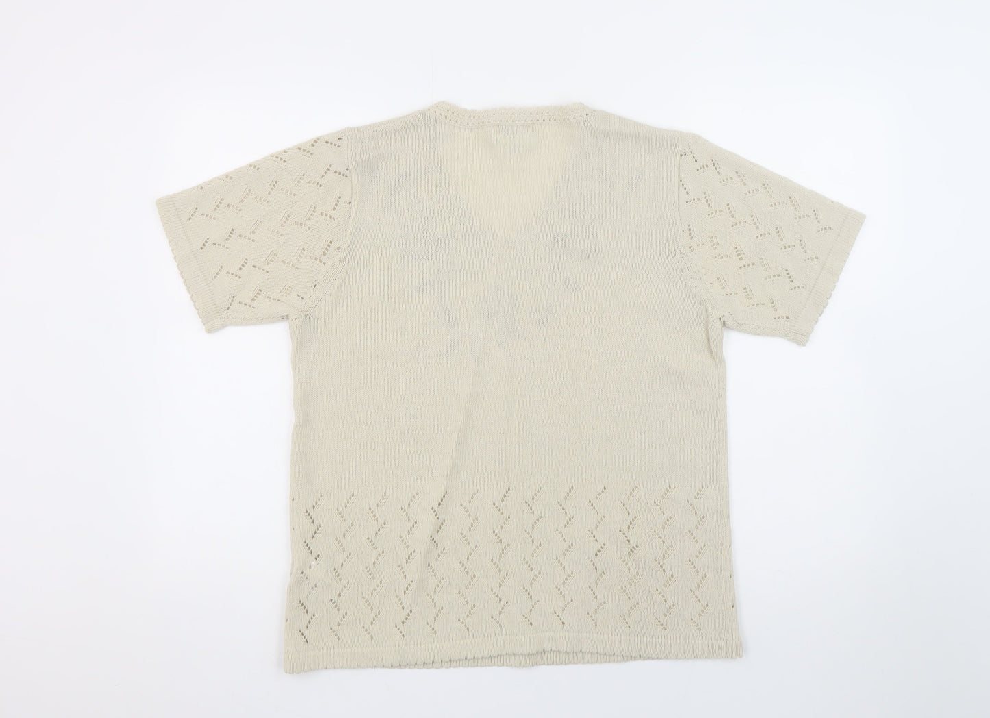 Damart Women’s Beige Short Sleeve V-Neck Embroidered Pullover Jumper Size 14