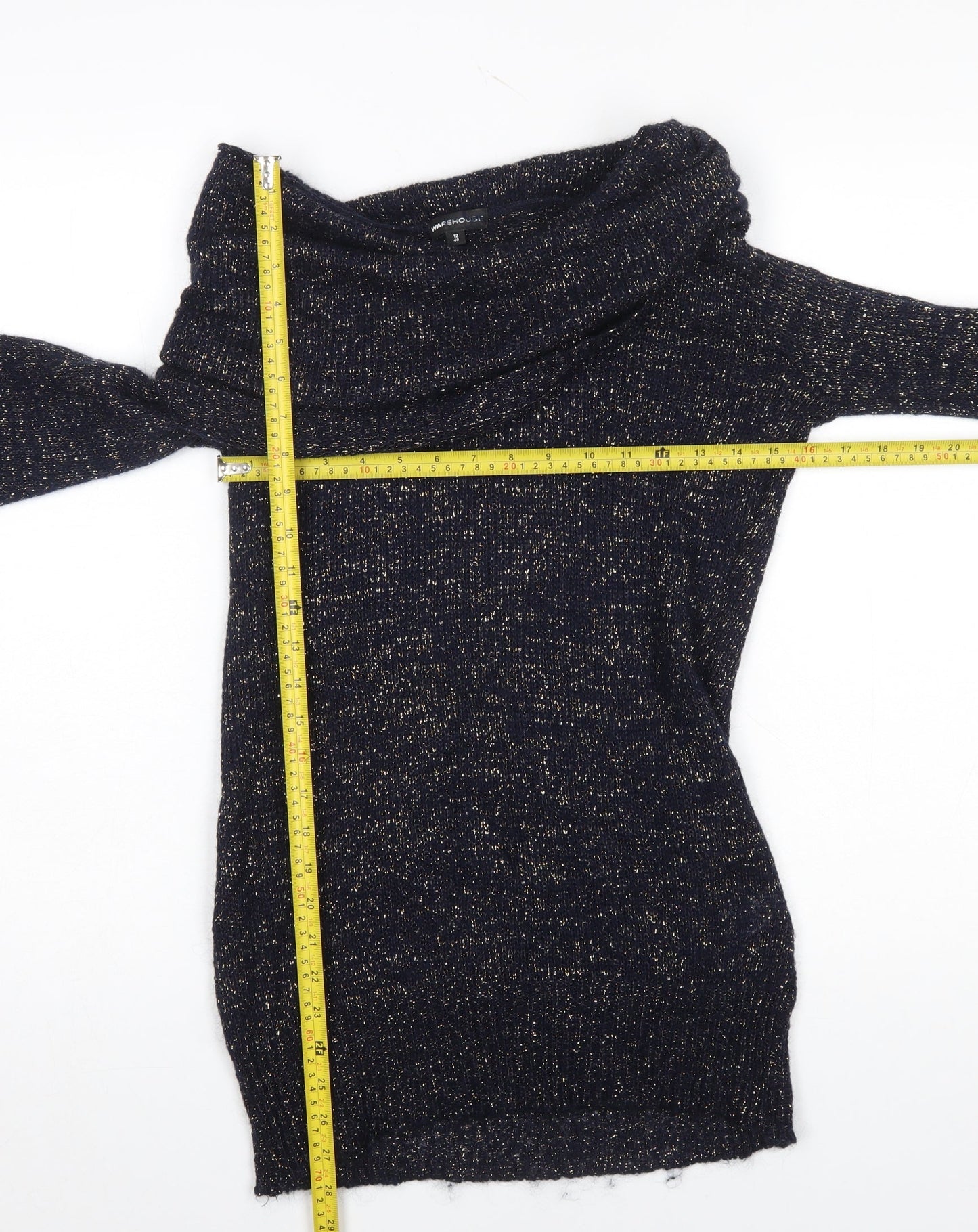 Warehouse Women's Blue Metallic Cowl Neck Jumper Size 12