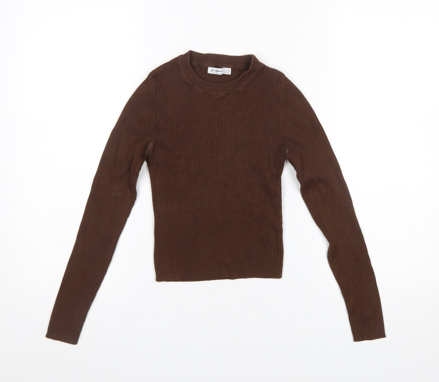 Stradivarius Women Brown XS Slim Fit Ribbed Knit Long Sleeve Jumper