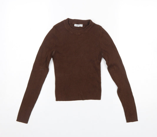 Stradivarius Women Brown XS Slim Fit Ribbed Knit Long Sleeve Jumper
