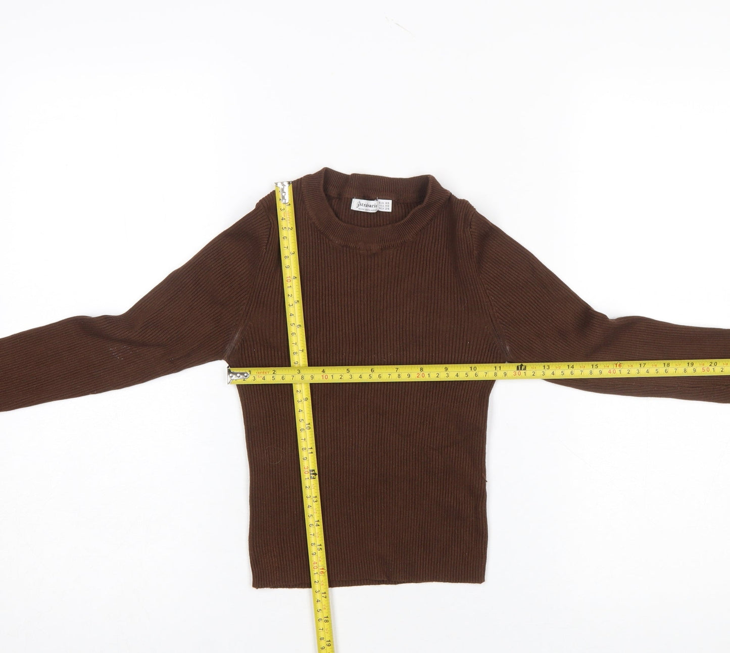 Stradivarius Women Brown XS Slim Fit Ribbed Knit Long Sleeve Jumper