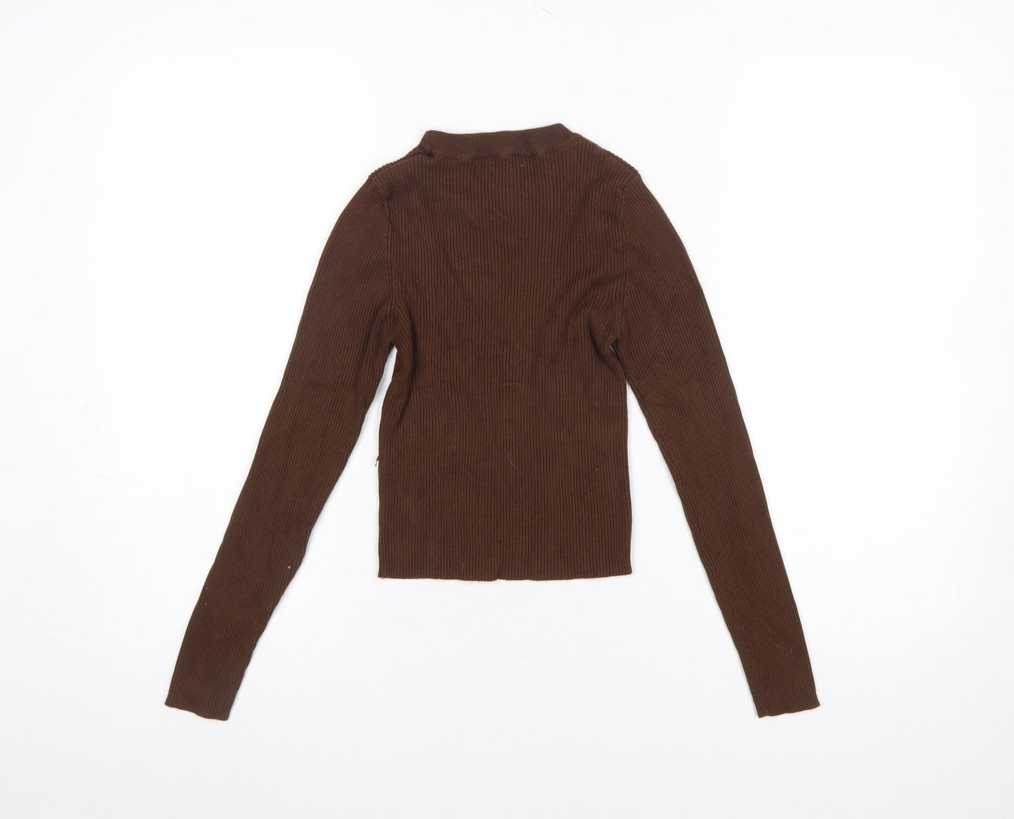Stradivarius Women Brown XS Slim Fit Ribbed Knit Long Sleeve Jumper