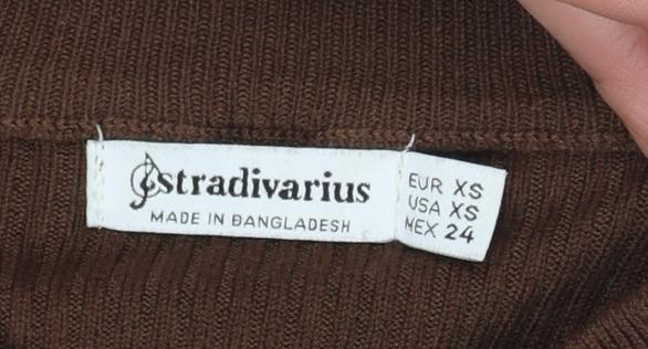 Stradivarius Women Brown XS Slim Fit Ribbed Knit Long Sleeve Jumper