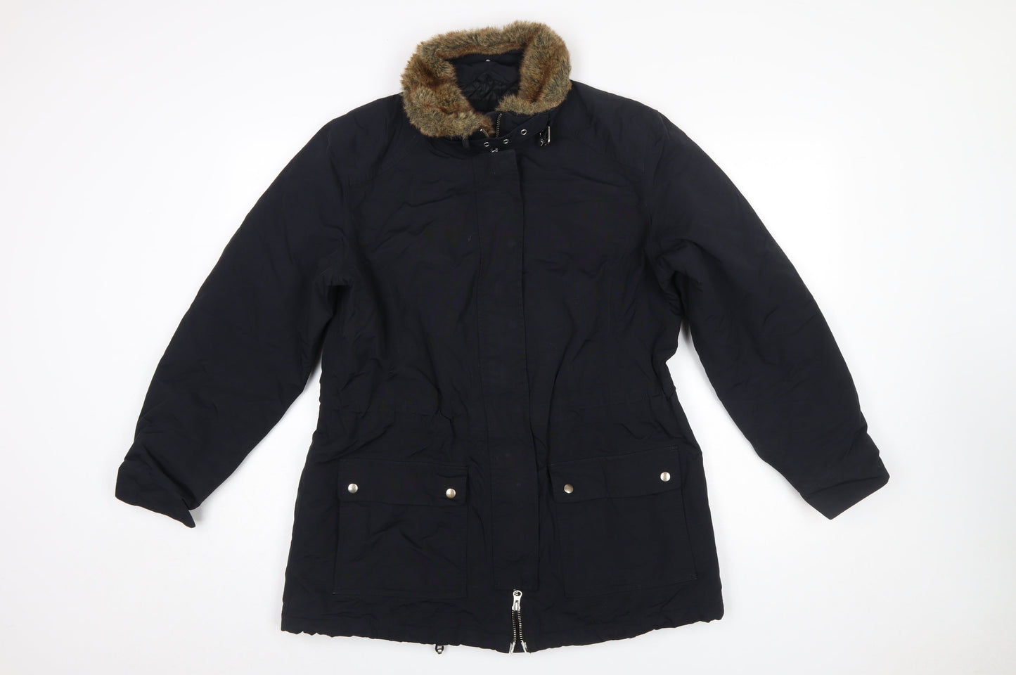 Lands' End Women's Black Faux Fur Trim Long Parka Coat Size M 10-12