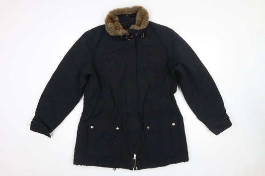 Lands' End Women's Black Faux Fur Trim Long Parka Coat Size M 10-12