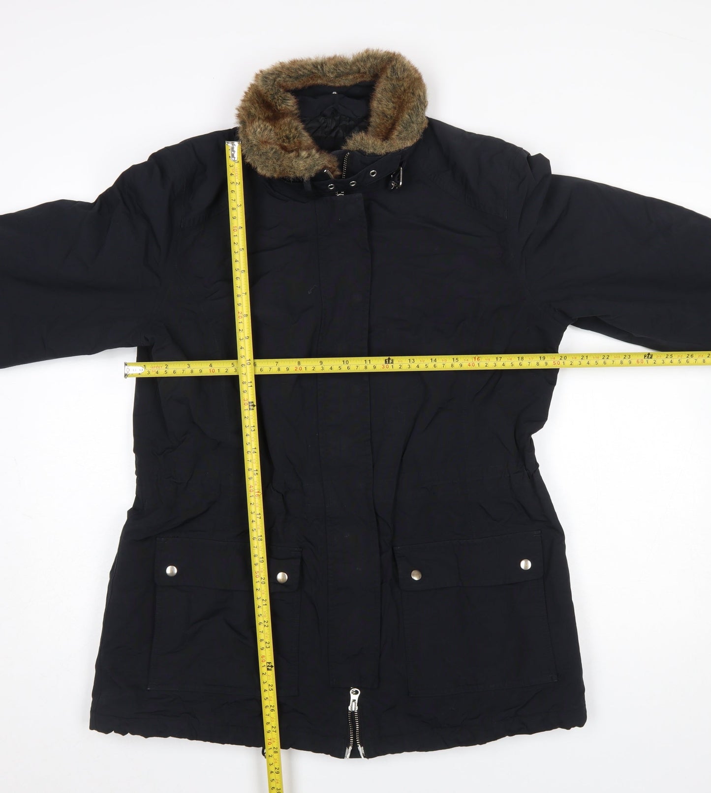 Lands' End Women's Black Faux Fur Trim Long Parka Coat Size M 10-12