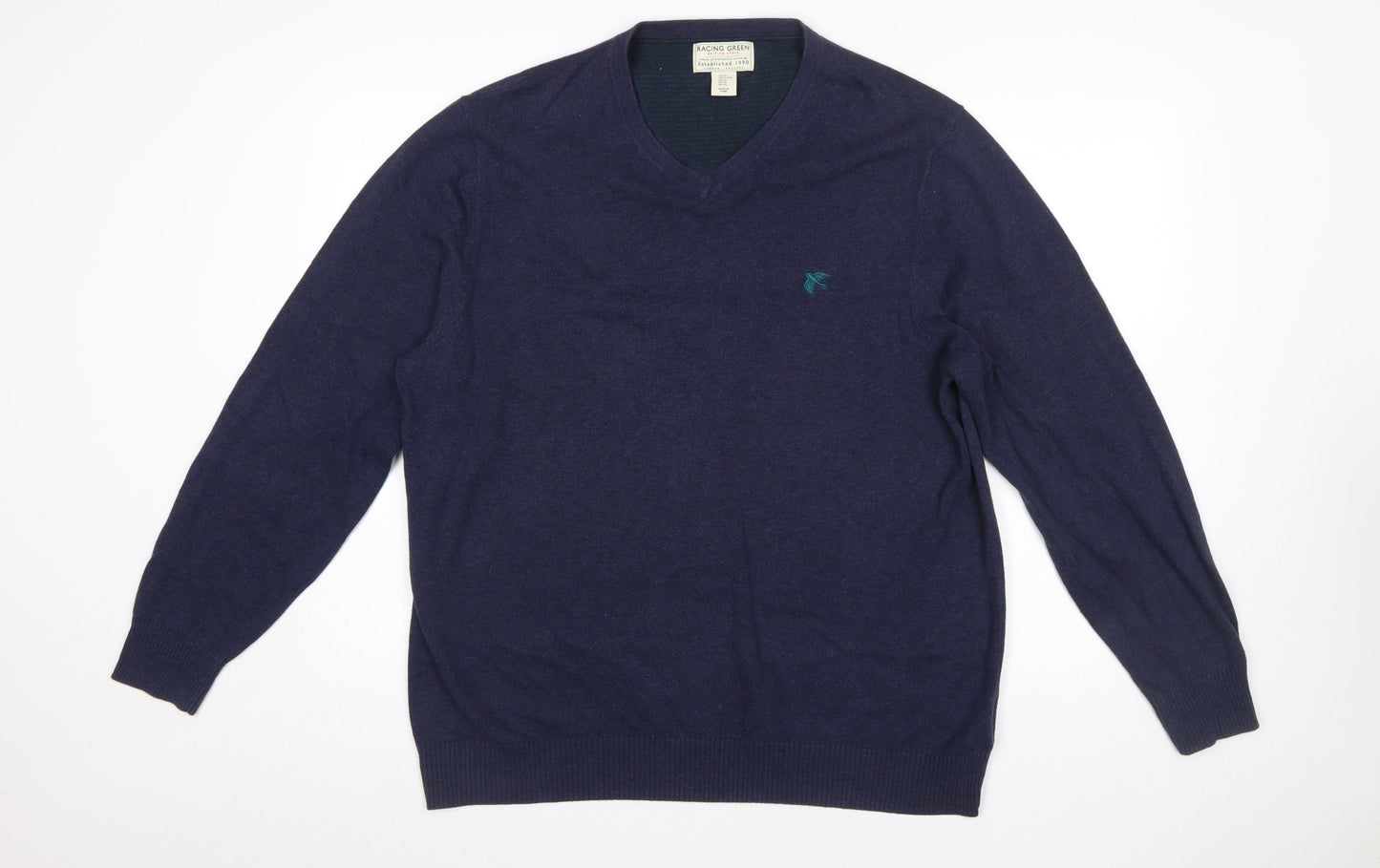 Racing Green Mens Blue Cotton V-Neck Jumper XL Classic Knit