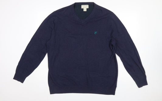 Racing Green Mens Blue Cotton V-Neck Jumper XL Classic Knit
