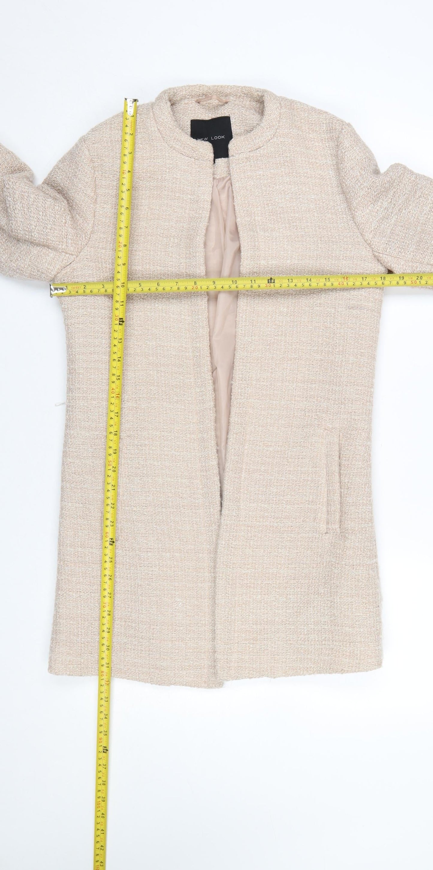 New Look Women's Beige Tweed Open Front Mid-Length Coat Size 8