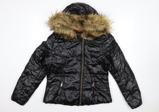 Roiii Women's Black Hooded Puffer Jacket with Faux Fur Trim Size M