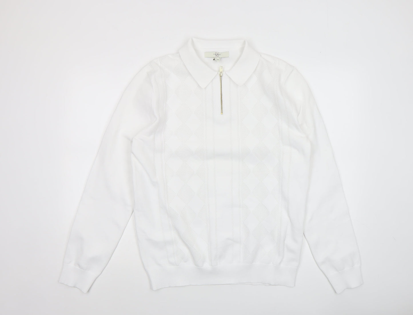 River Island Men’s White Collared Argyle Knit 1/4 Zip Jumper Size M