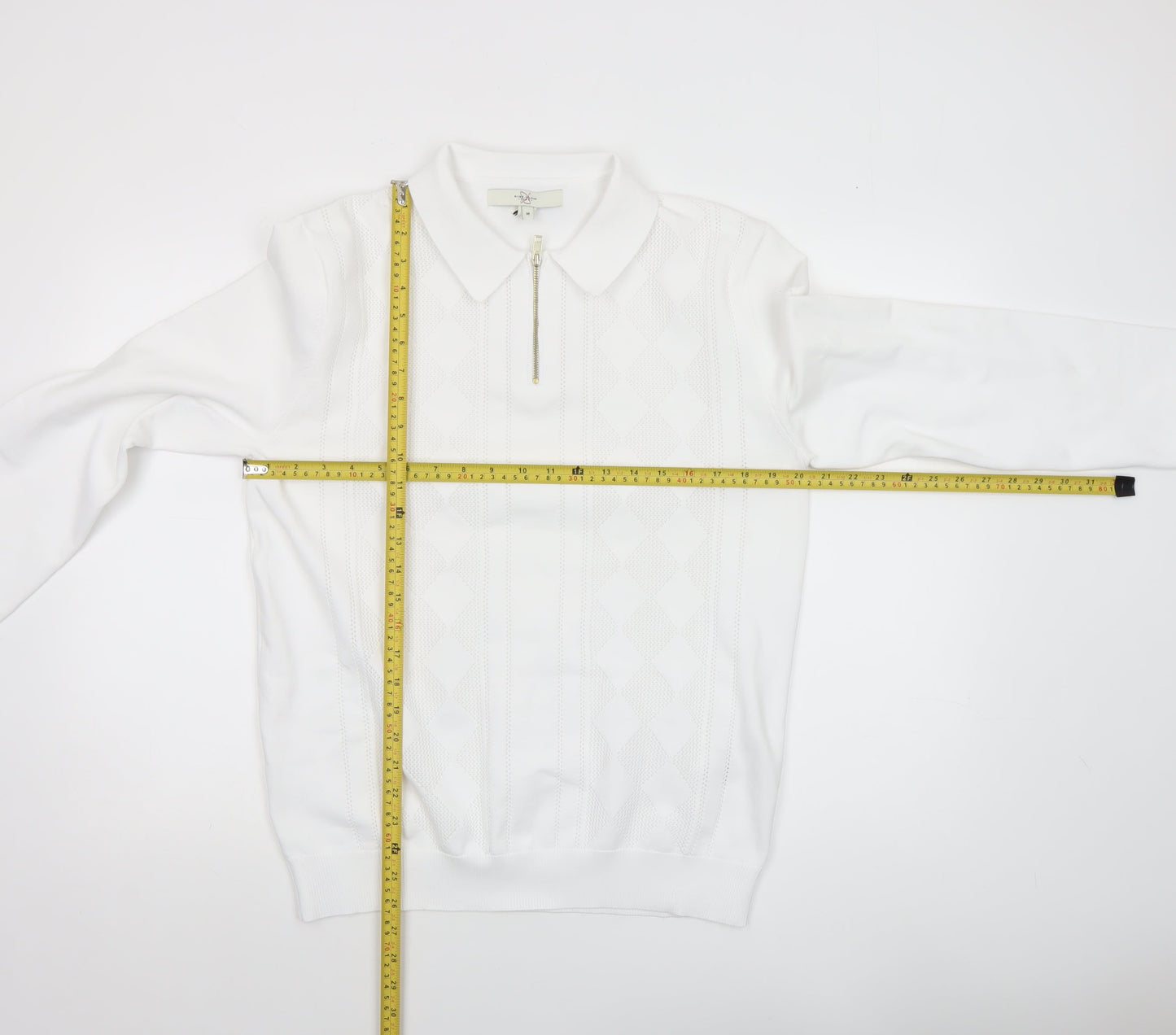 River Island Men’s White Collared Argyle Knit 1/4 Zip Jumper Size M