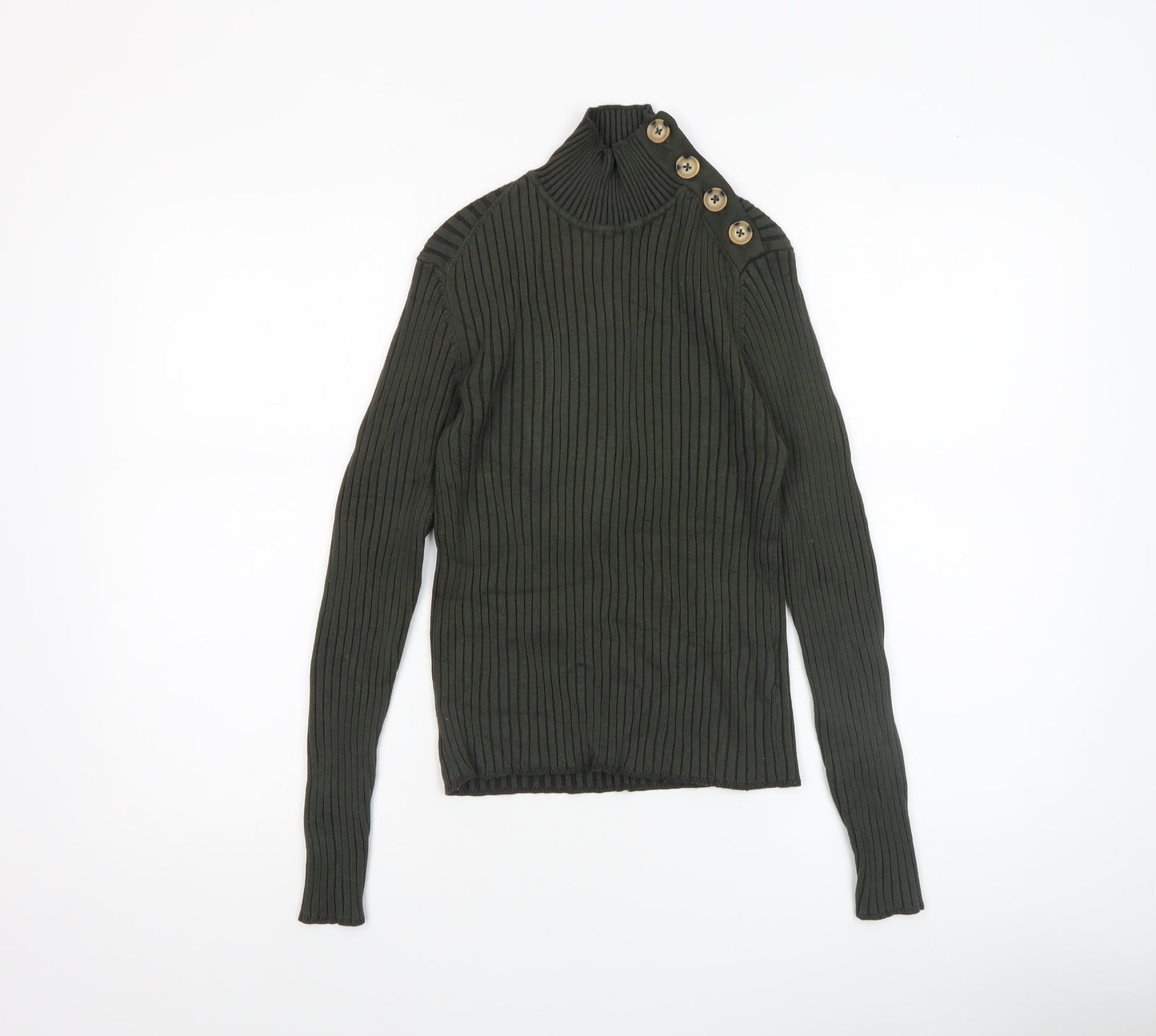 Hollys Women’s Green Rib Knit High Neck Button Jumper Size S