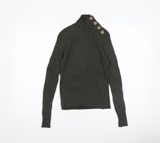 Hollys Women’s Green Rib Knit High Neck Button Jumper Size S