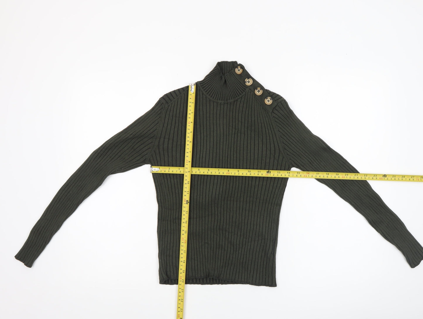 Hollys Women’s Green Rib Knit High Neck Button Jumper Size S