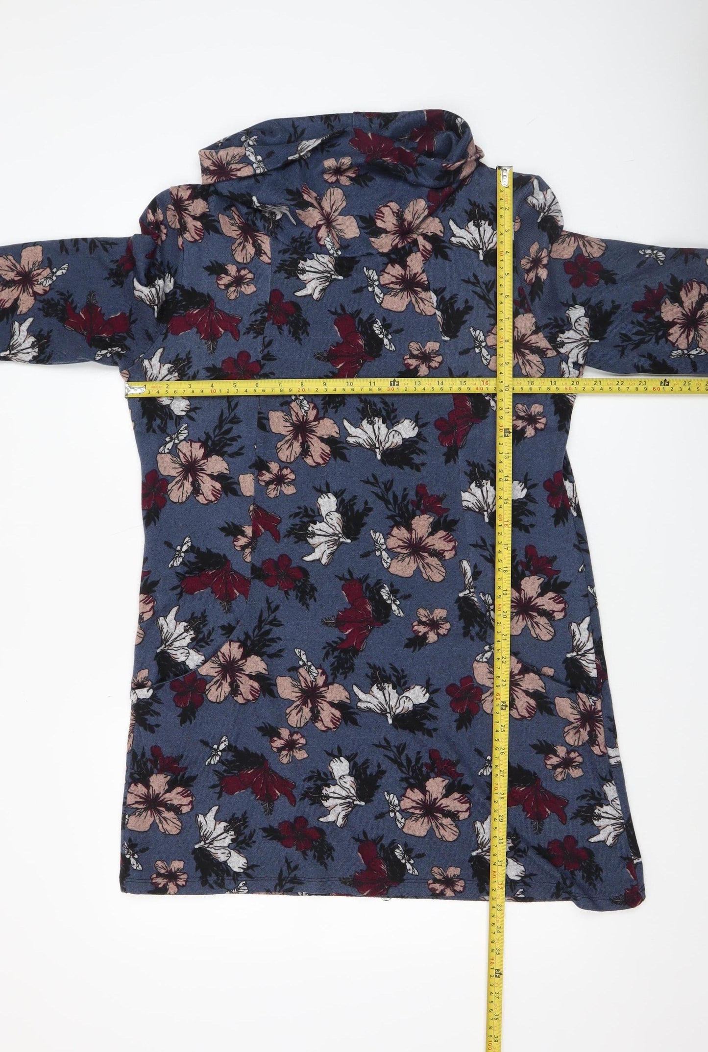 Voulez Vous Women's Blue Floral Shift Dress Size 14 Long Sleeve Cowl Neck
