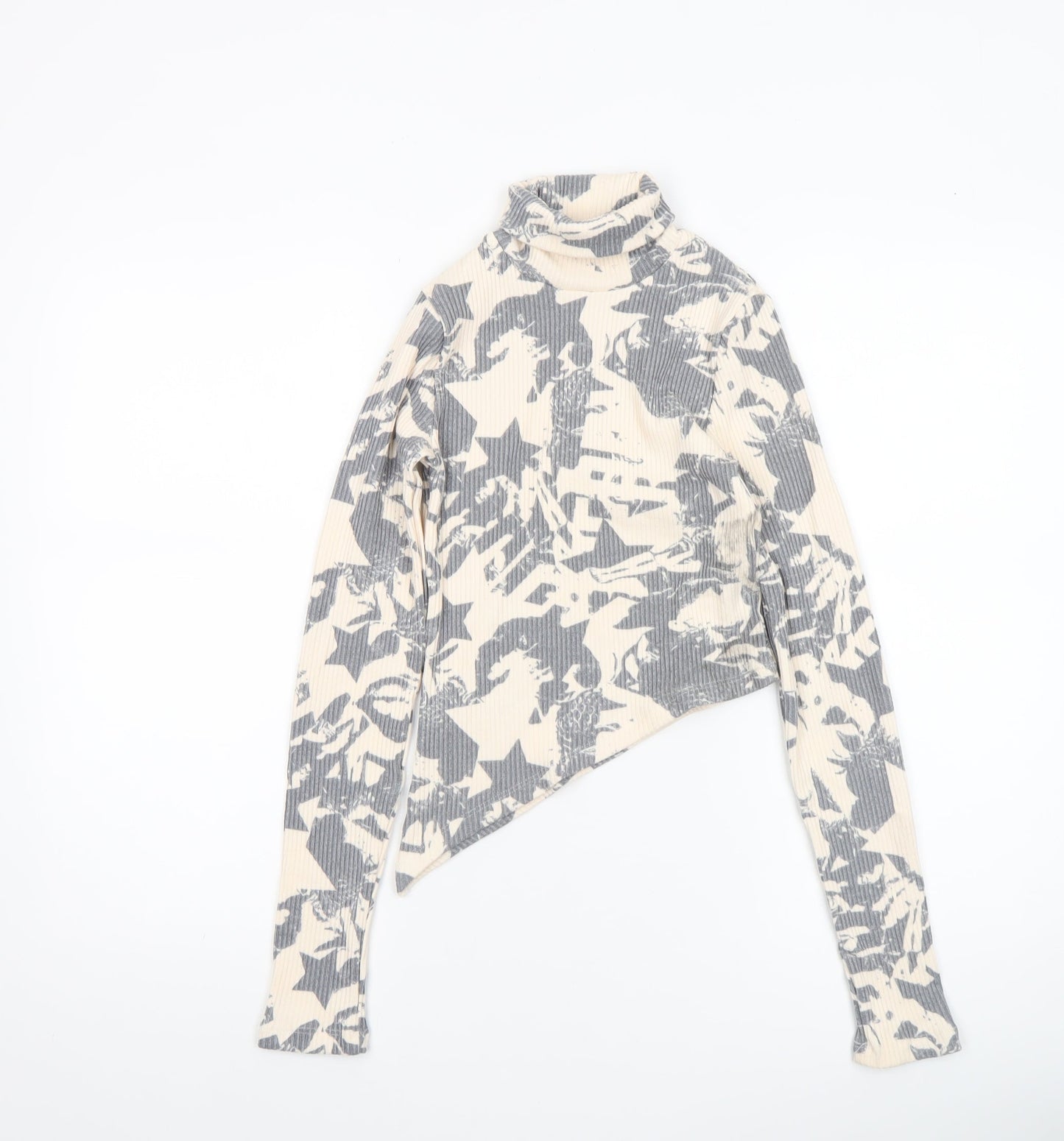 Bershka Women’s Grey Star Print Cropped Roll Neck Top Size S