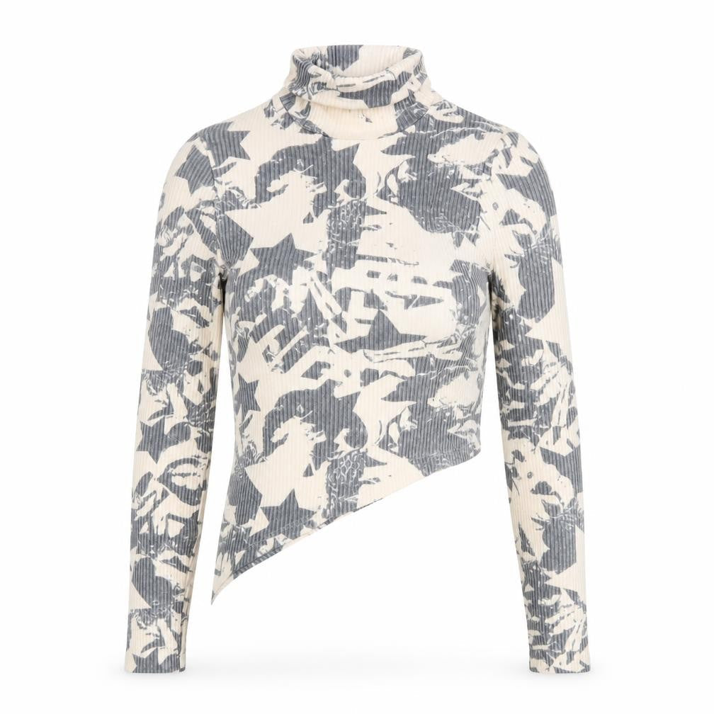 Bershka Women’s Grey Star Print Cropped Roll Neck Top Size S