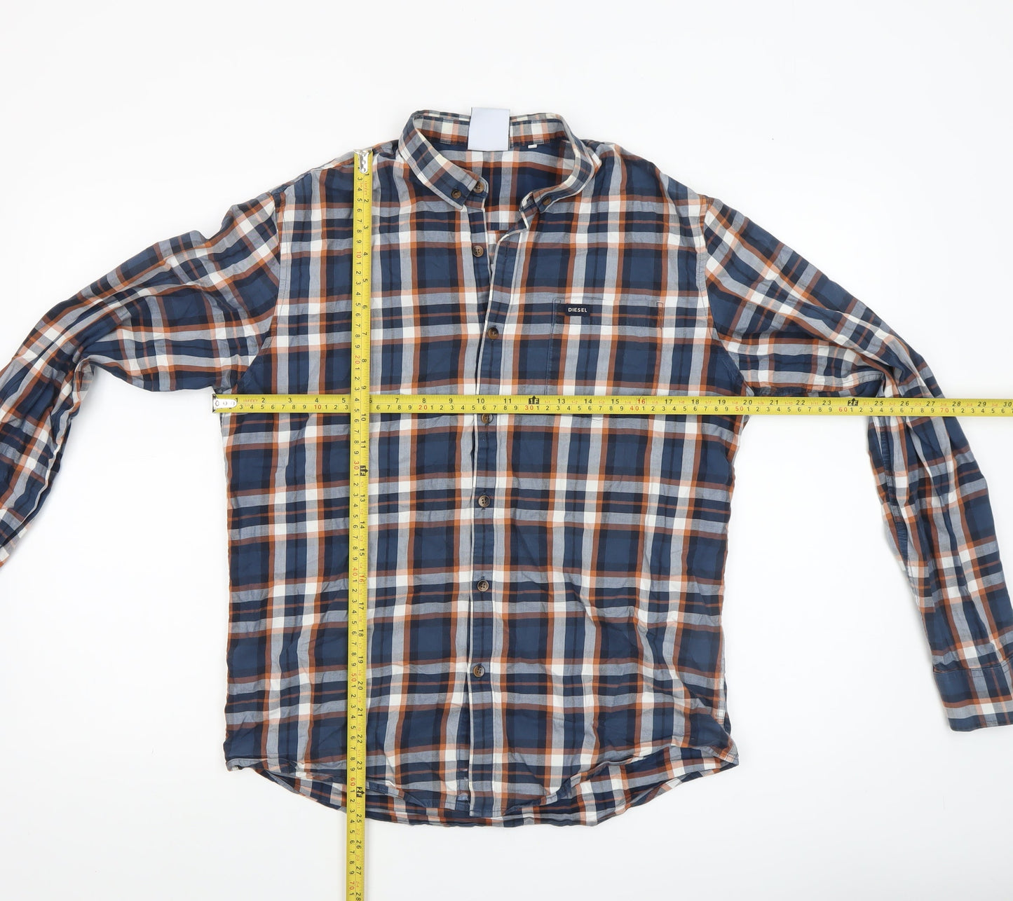 Diesel Mens Blue Check Long Sleeve Button-Up Cotton Shirt Medium