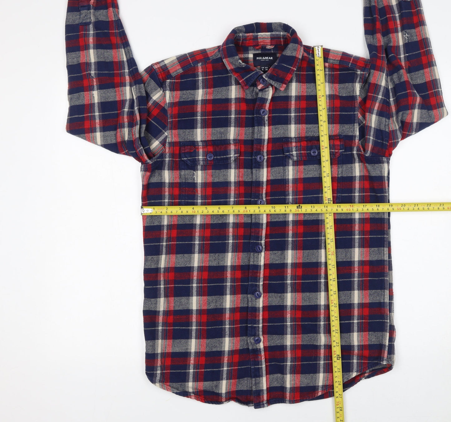 Pull&Bear Men's Red Navy Check Flannel Button-Up Shirt Size S