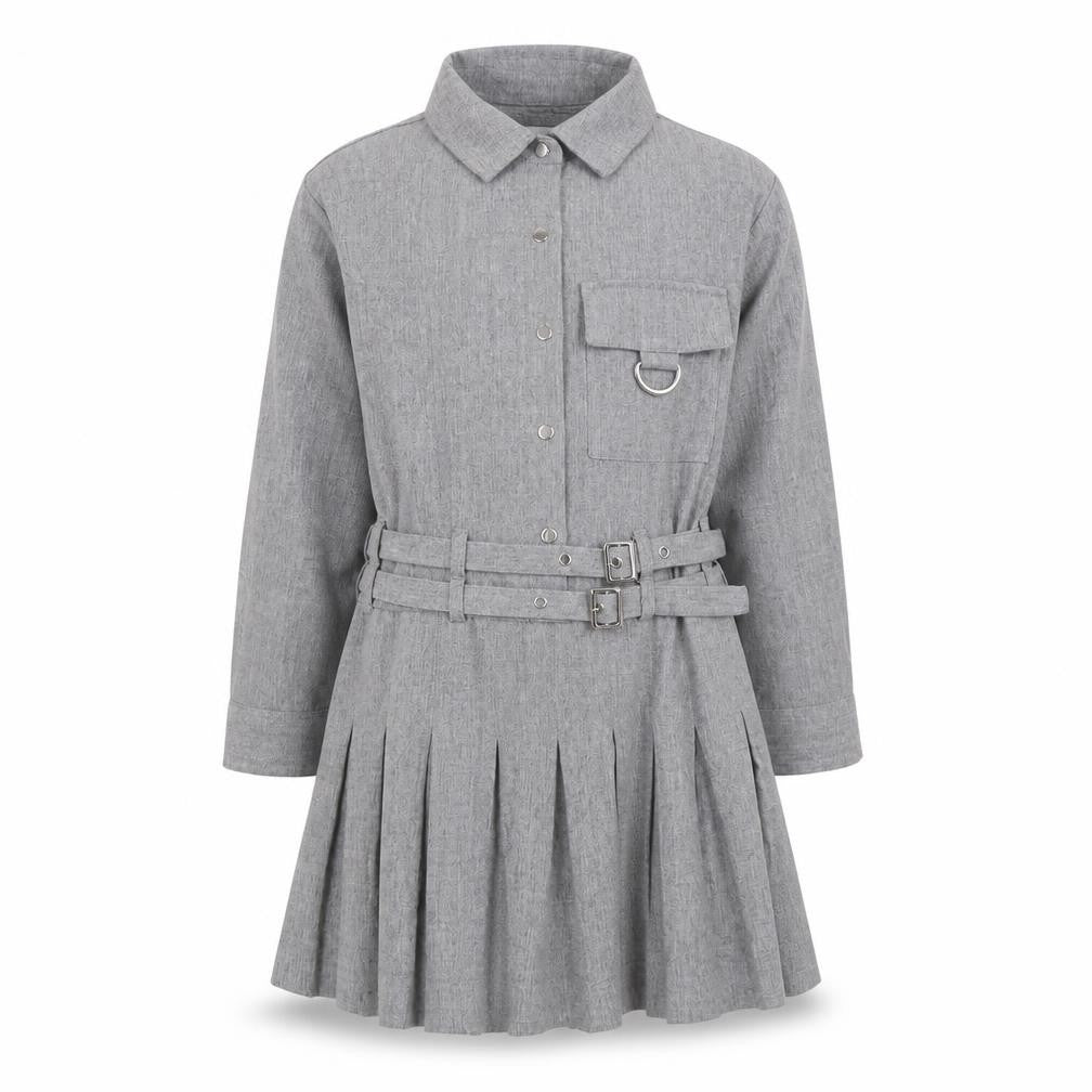 Zara Girls Grey Belted Pleated Shirt Dress 6 Years Woven Long Sleeve