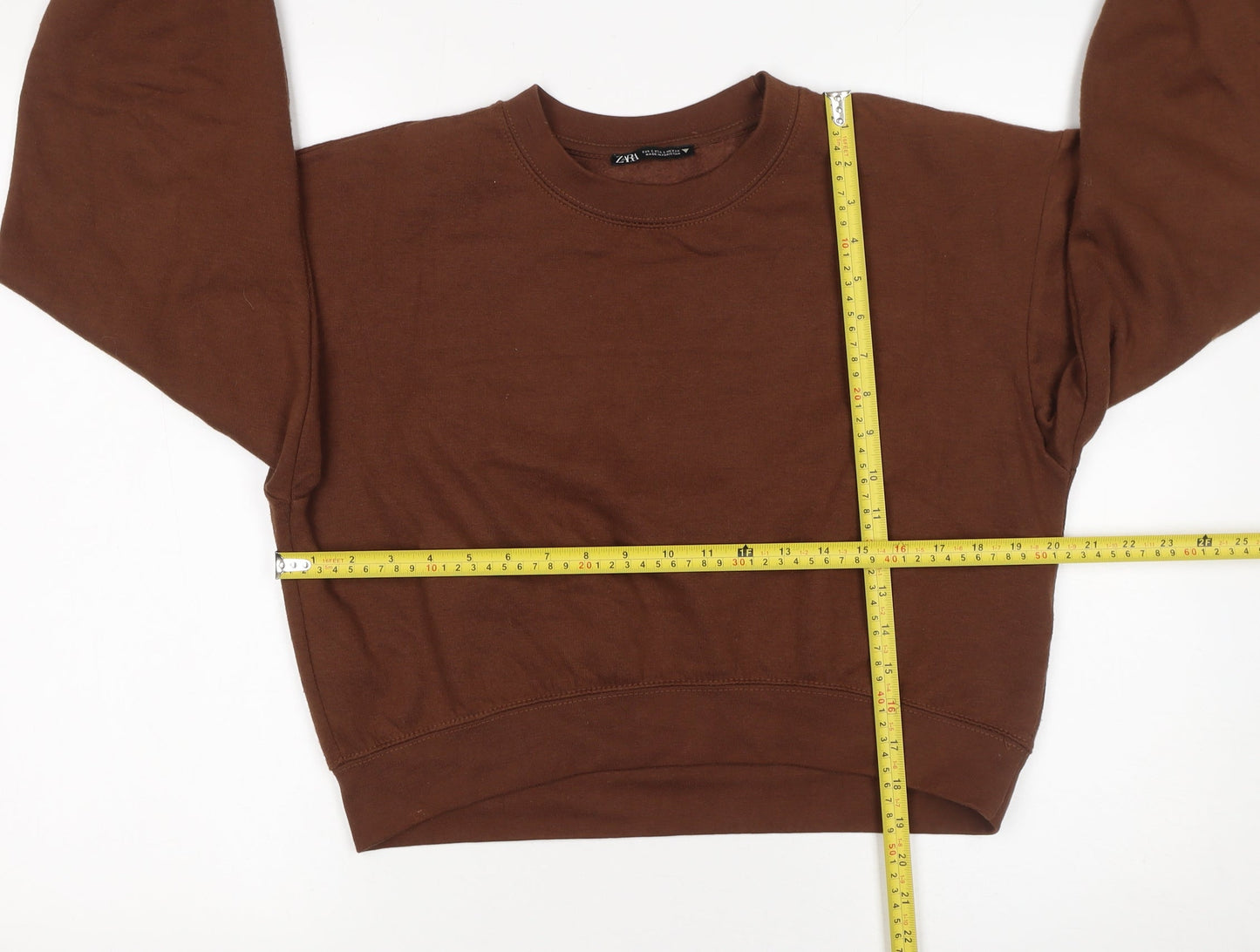 Zara Women Brown Pullover Sweatshirt Size S Crew Neck Cotton Blend
