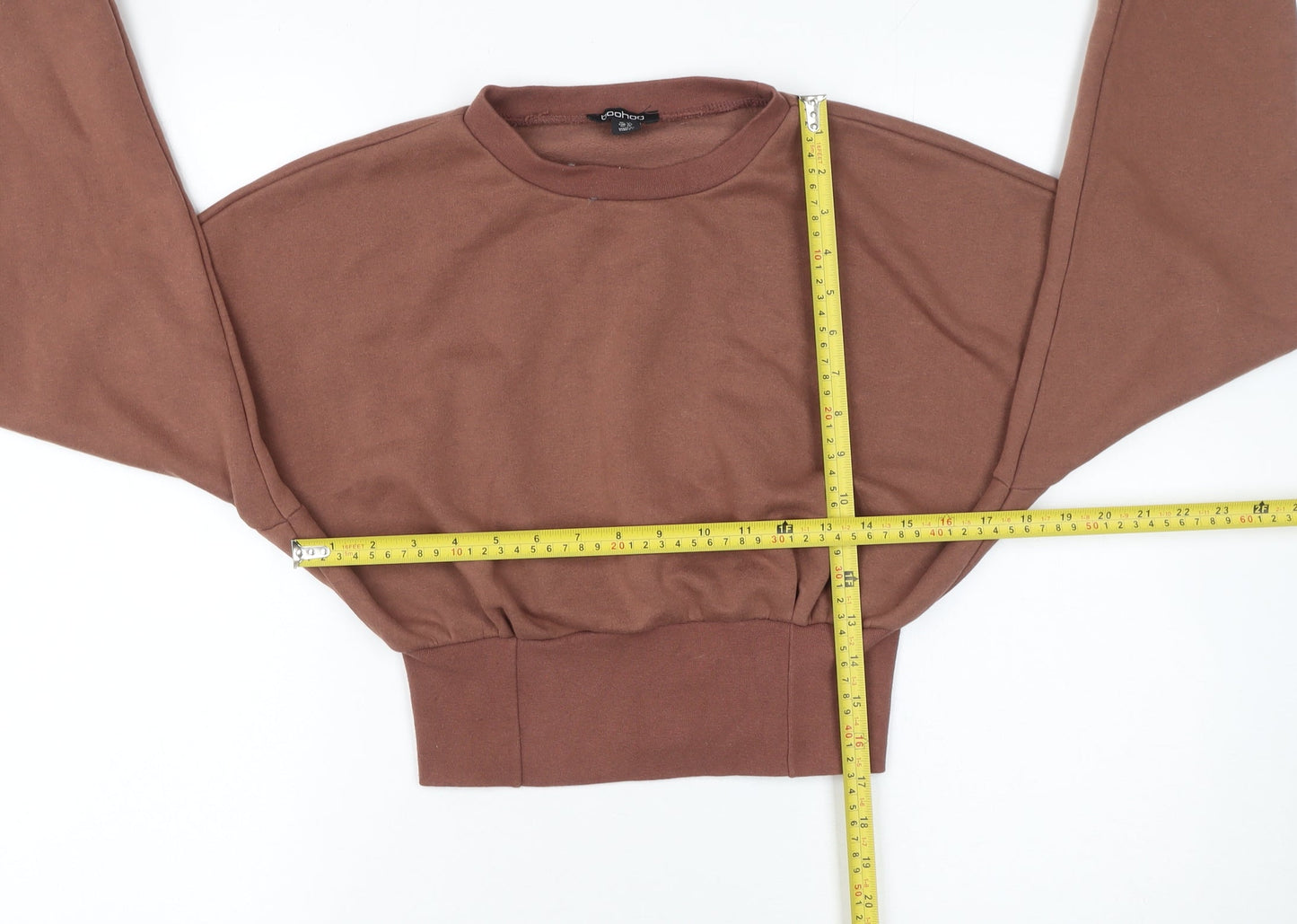 Boohoo Women Brown Crop Pullover Sweatshirt UK 14 Cotton Relaxed Fit