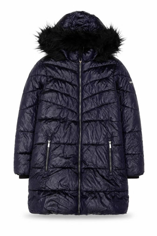 Front view of Next girls’ blue puffer coat 11 years hooded long winter jacket with faux fur trim