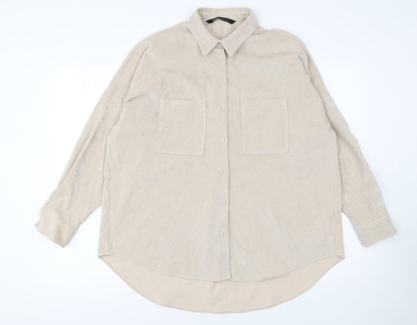 Zara Women Beige Corduroy Button-Up Shirt Size 12