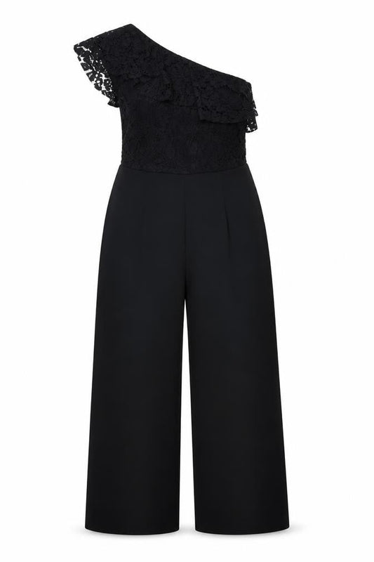 Mango Women’s Black One Shoulder Lace Jumpsuit Size 12