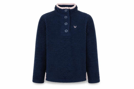 Front view of Crew Clothing girls’ blue fleece henley sweatshirt 8-9 years